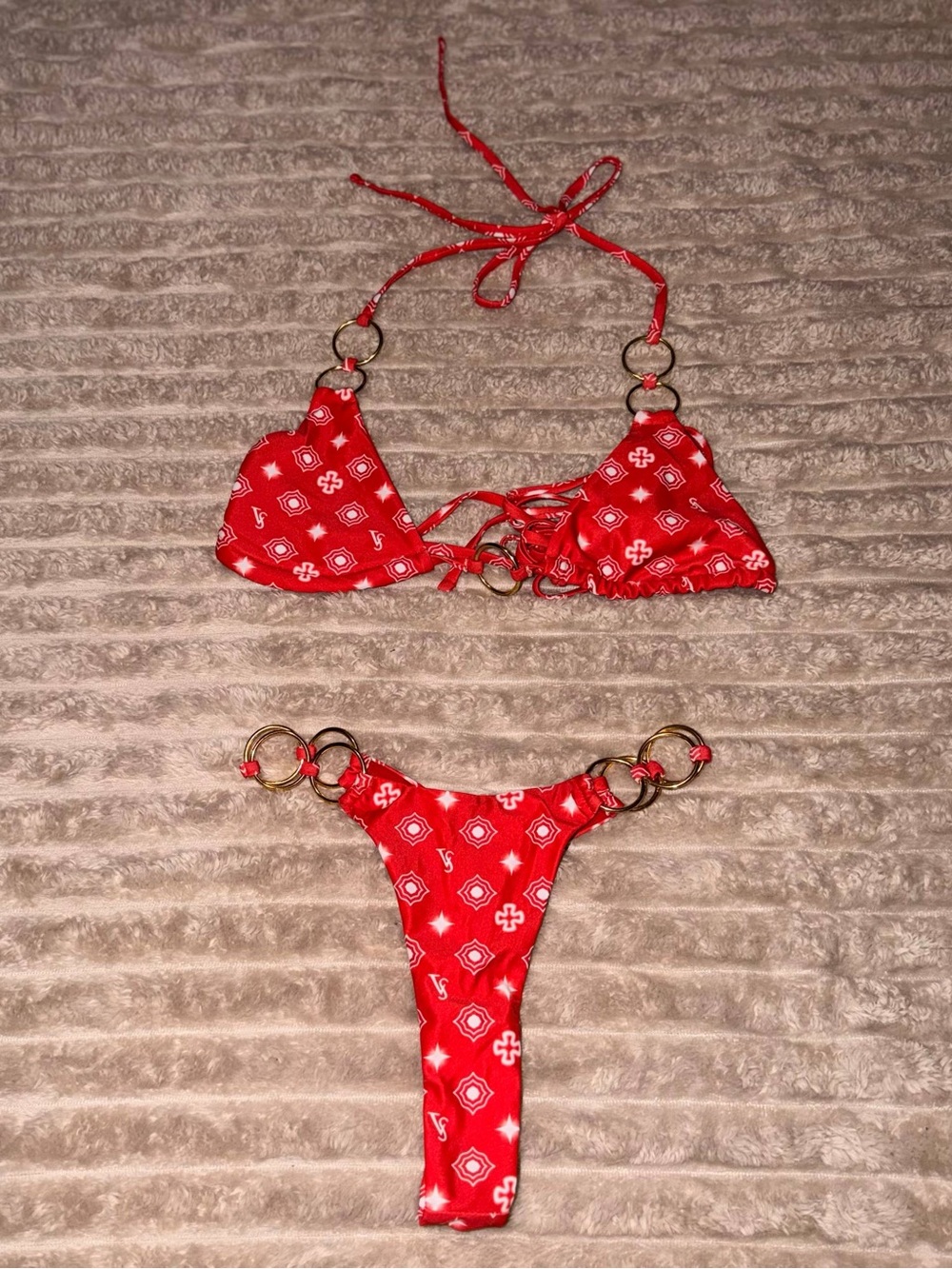 Gold Ring-Accent Red Triangle Bikini Set - Women Swim